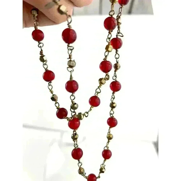 Dark Red Glass Round Bead Bronze Metal Necklace 22" Jewelry - Picture 5 of 10